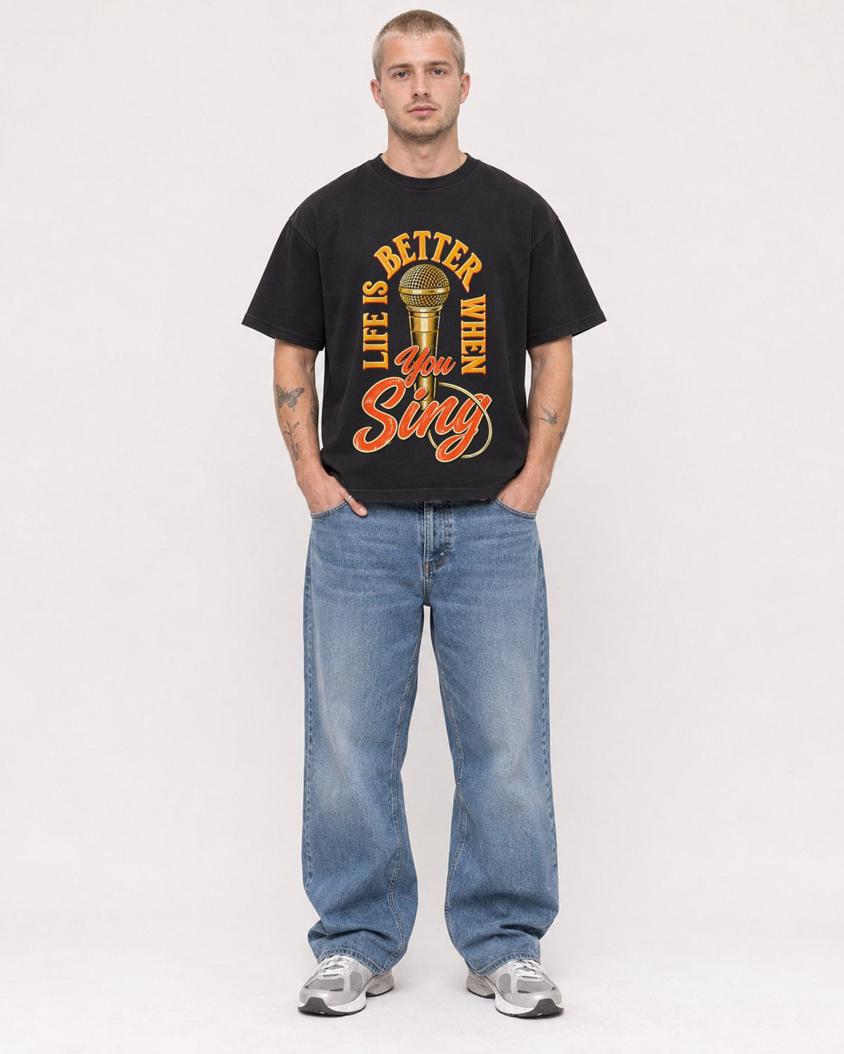 Mockup Boxy Heavyweight Tee Black male full-body 18