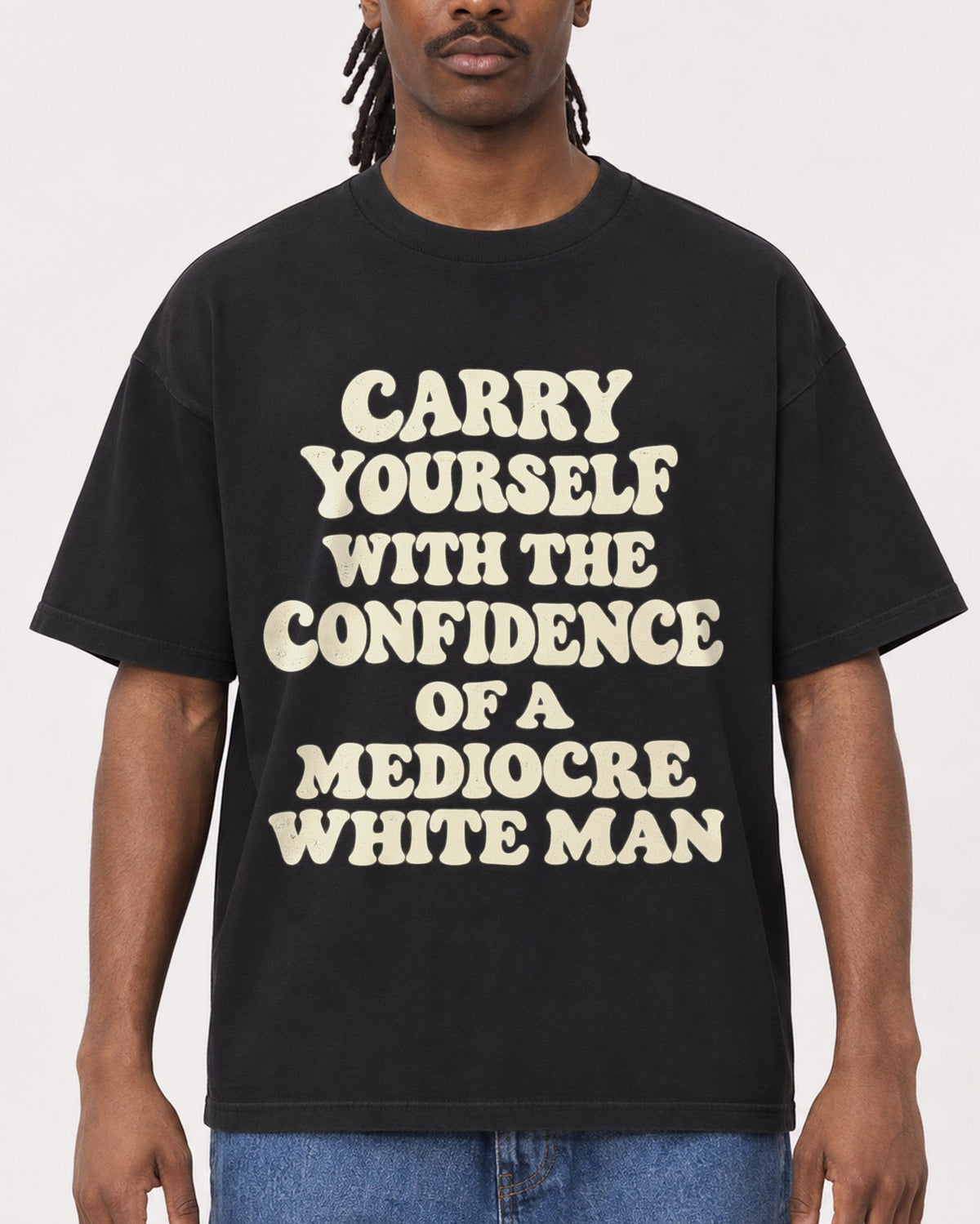 Mockup Boxy Heavyweight Tee Black male close-up 34