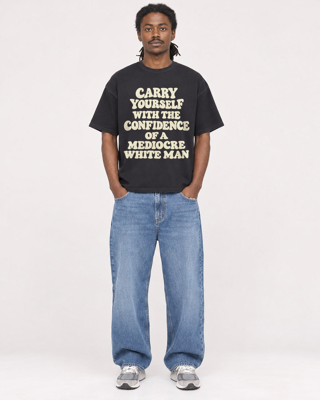 Mockup Boxy Heavyweight Tee Black male full-body 34