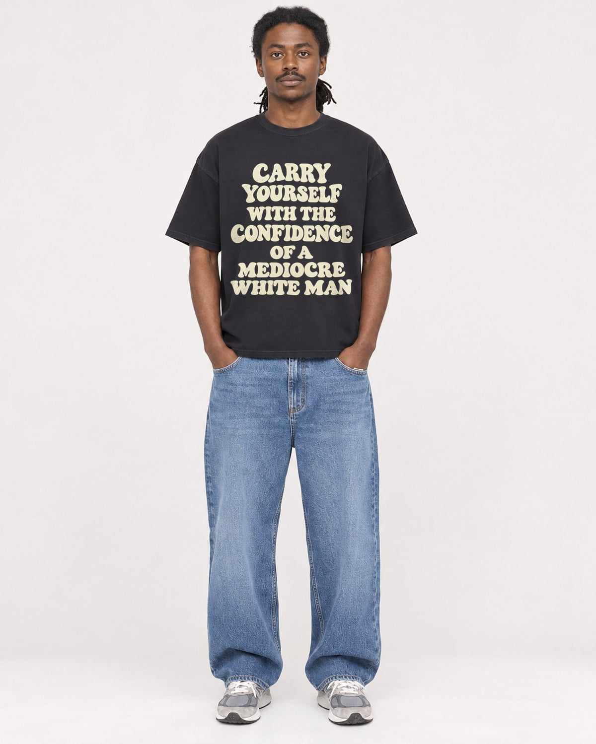 Mockup Boxy Heavyweight Tee Black male full-body 34