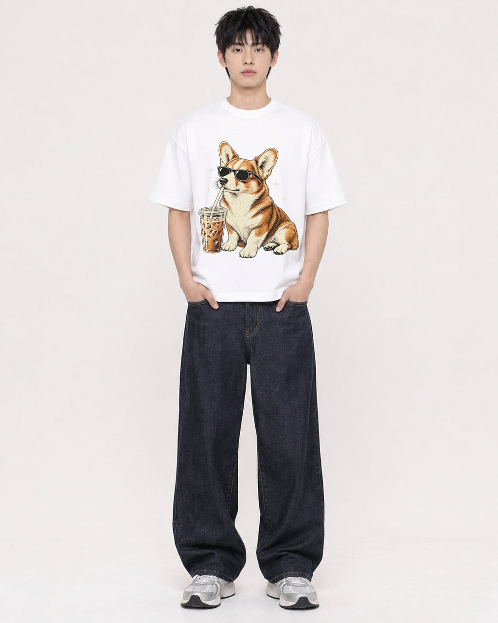 Mockup Boxy Heavyweight Tee White male full-body 01