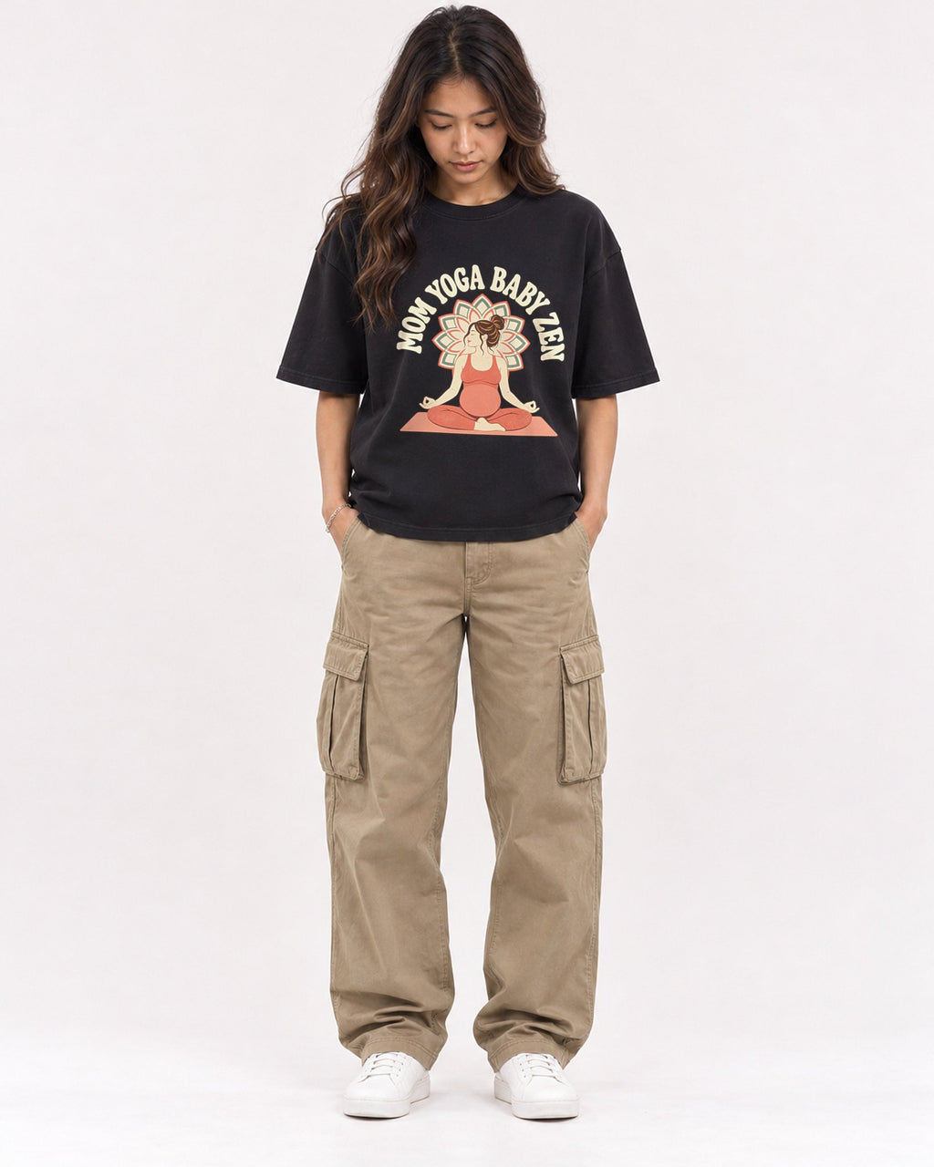 Mockup Boxy Heavyweight Tee Black female full-body 02