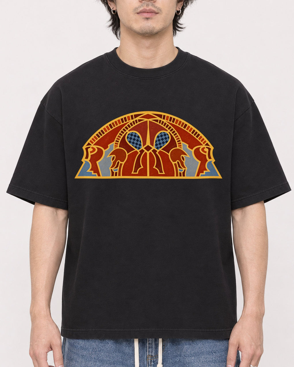Mockup Boxy Heavyweight Tee Black male close-up 03