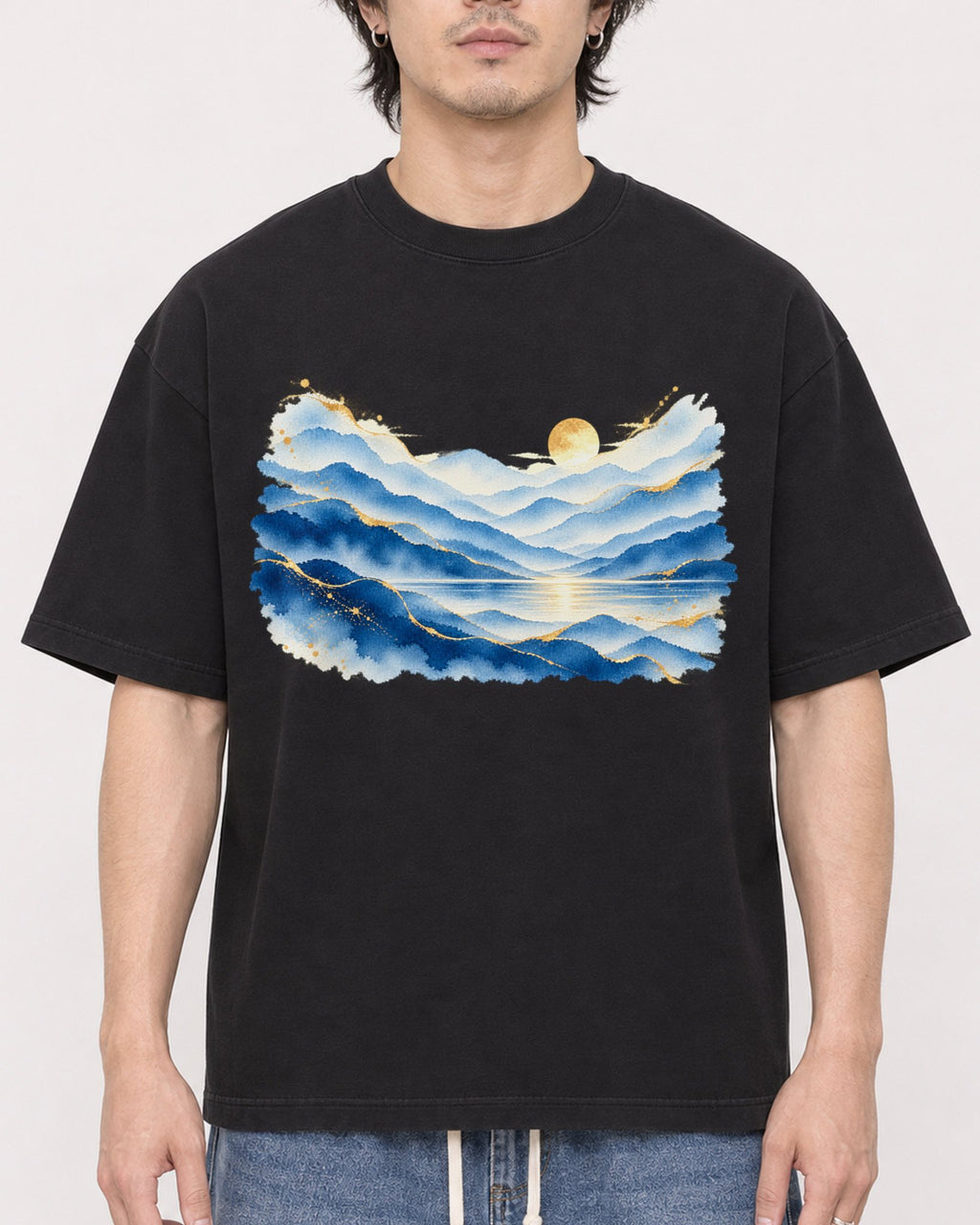 Mockup Boxy Heavyweight Tee Black male close-up 03