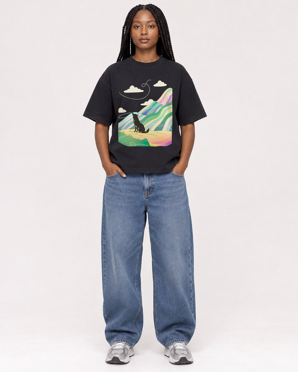 Mockup Boxy Heavyweight Tee Black female full-body 04