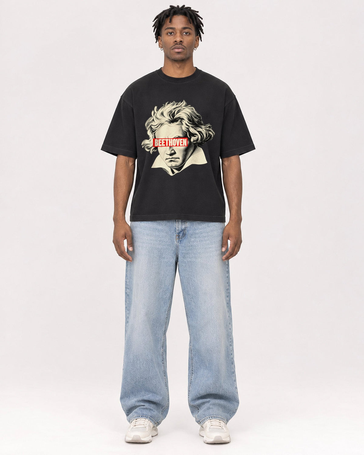 Mockup Boxy Heavyweight Tee Black male full-body 05