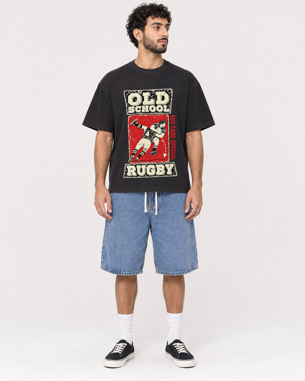 Mockup Boxy Heavyweight Tee Black male full-body 27