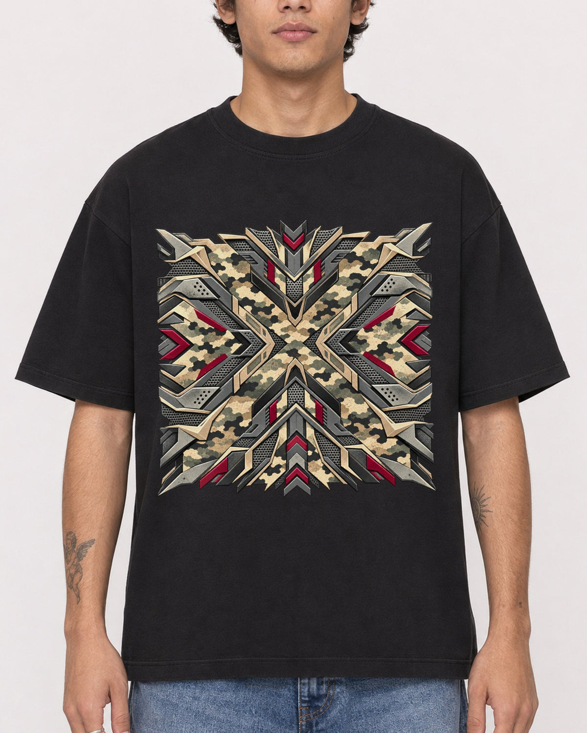 Mockup Boxy Heavyweight Tee Black male close-up 06