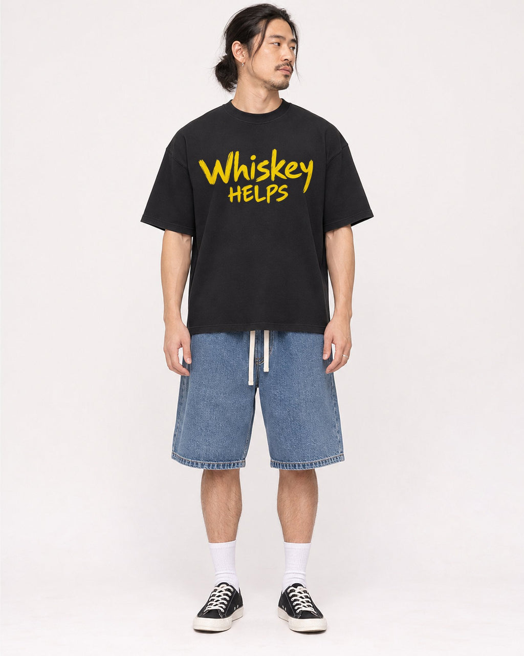Mockup Boxy Heavyweight Tee Black male full-body 43