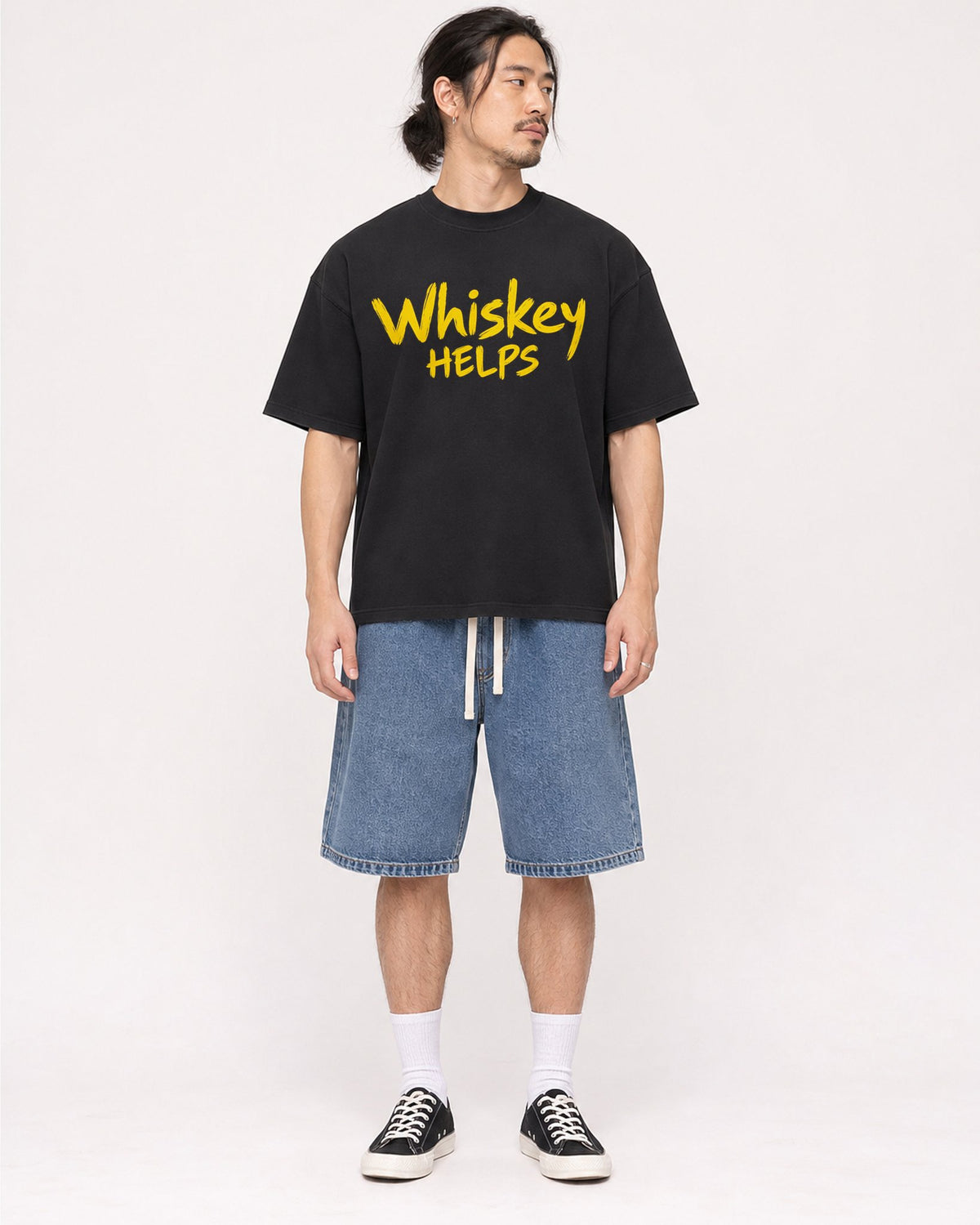 Mockup Boxy Heavyweight Tee Black male full-body 43