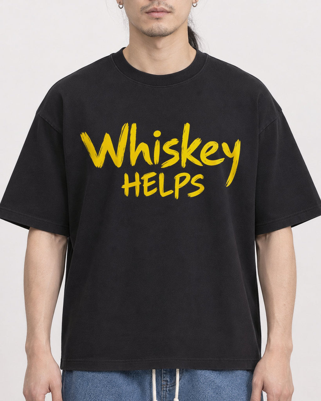 Mockup Boxy Heavyweight Tee Black male close-up 43
