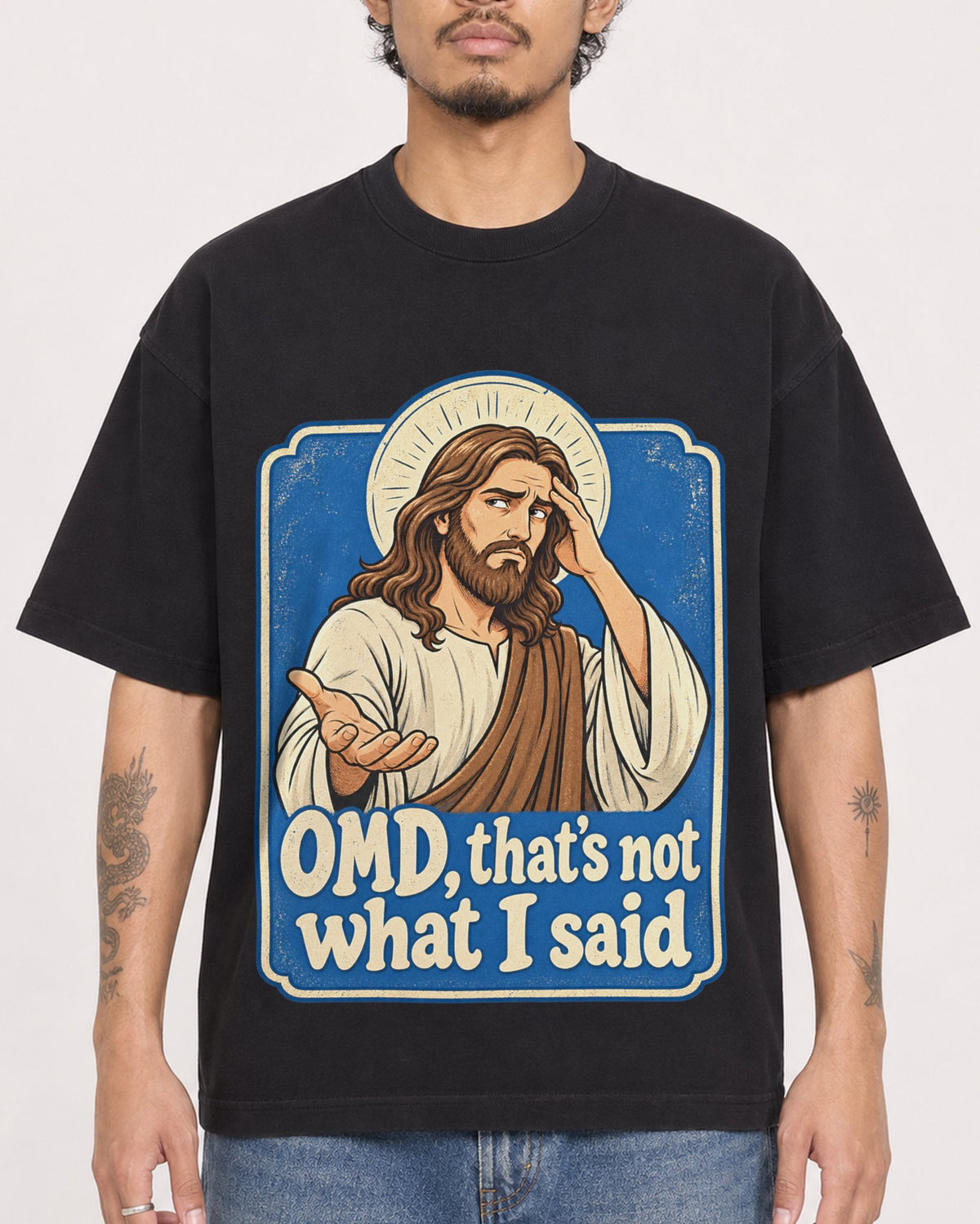 Mockup Boxy Heavyweight Tee Black male close-up 42