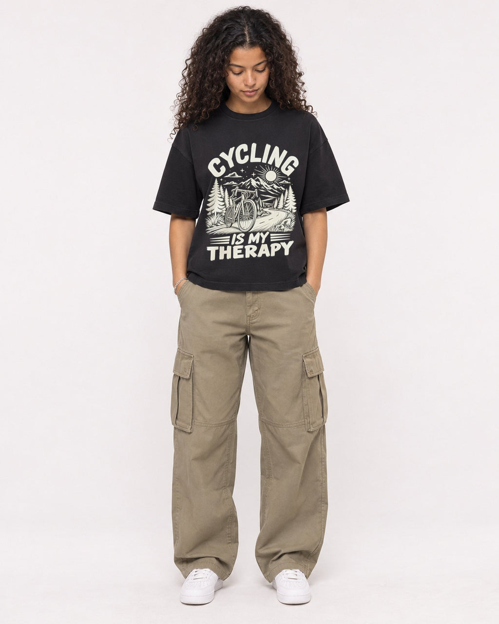 Mockup Boxy Heavyweight Tee Black female full-body 10