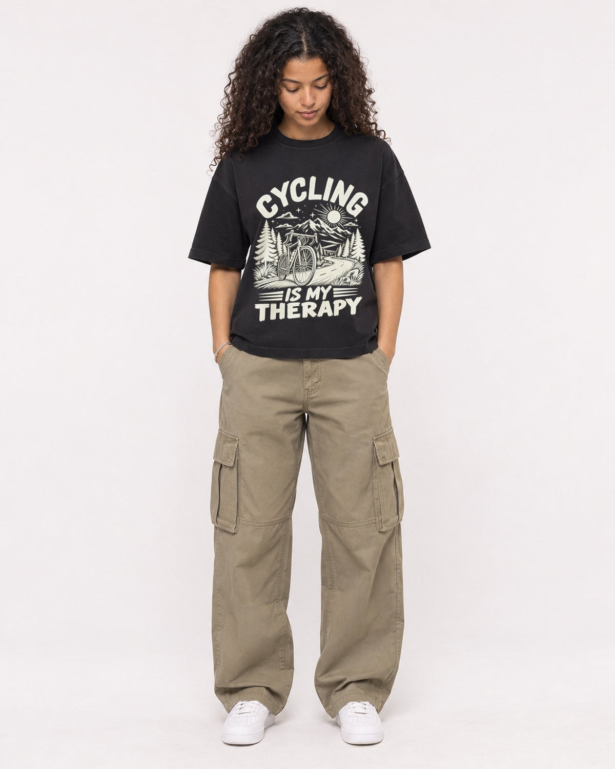 Mockup Boxy Heavyweight Tee Black female full-body 10