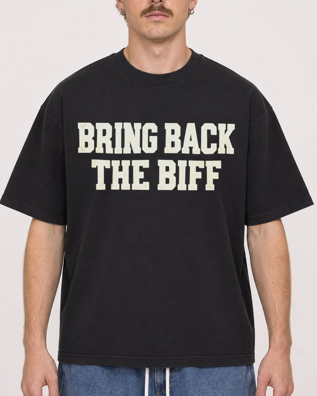 Mockup Boxy Heavyweight Tee Black male close-up 19