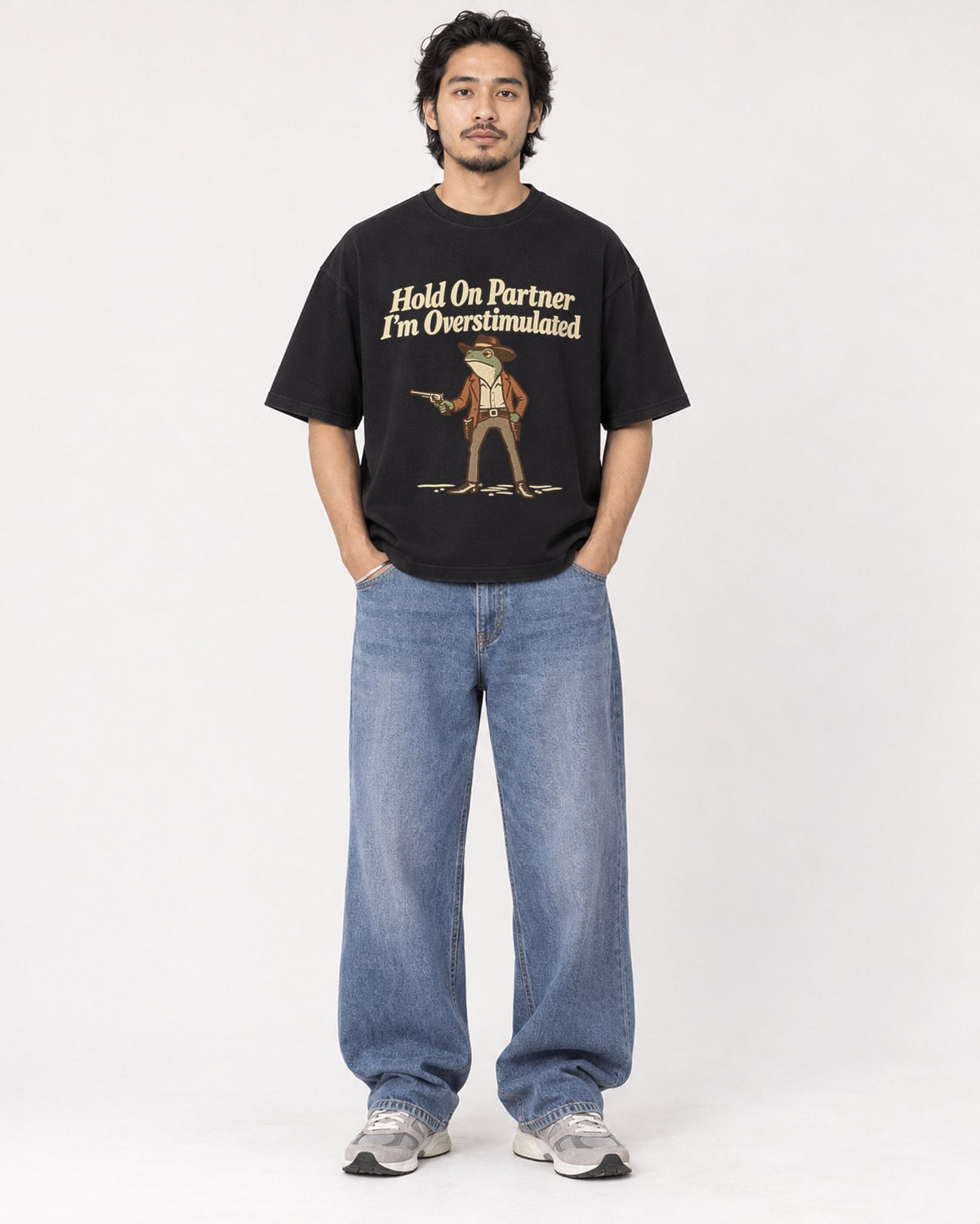 Mockup Boxy Heavyweight Tee Black male full-body 22