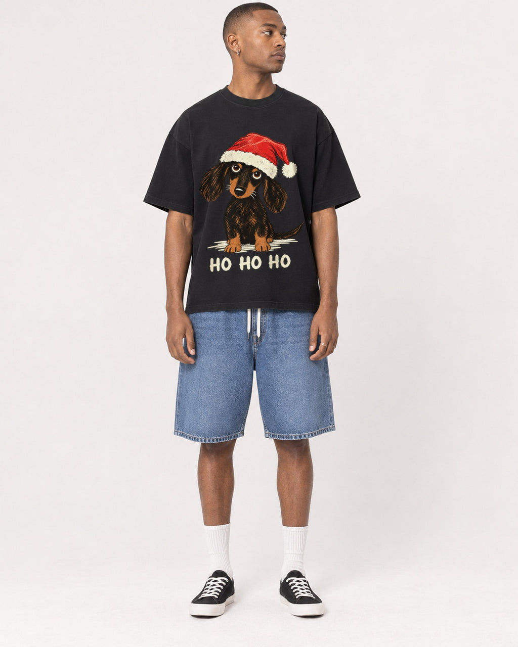 Mockup Boxy Heavyweight Tee Black male full-body 35