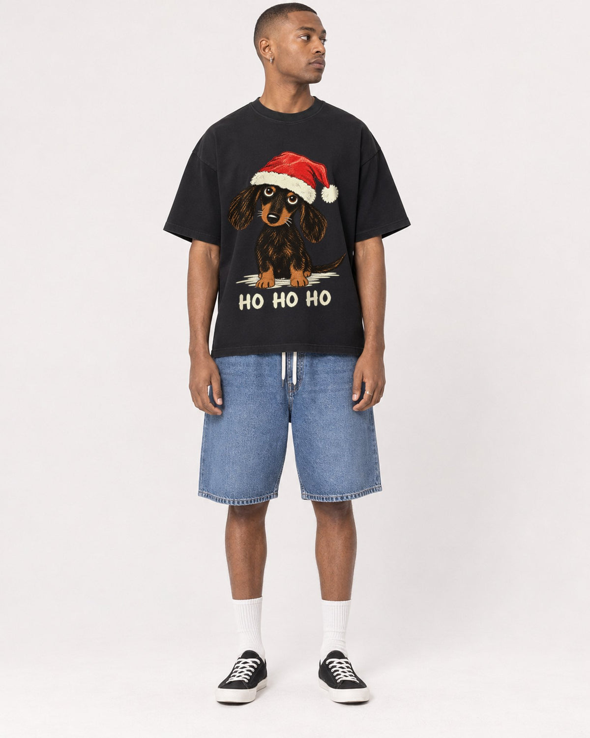 Mockup Boxy Heavyweight Tee Black male full-body 35