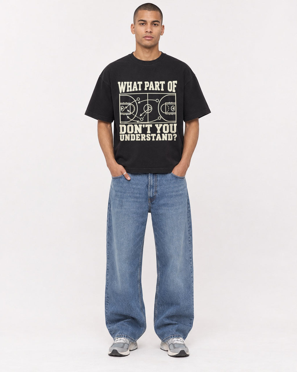 Mockup Boxy Heavyweight Tee Black male full-body 50