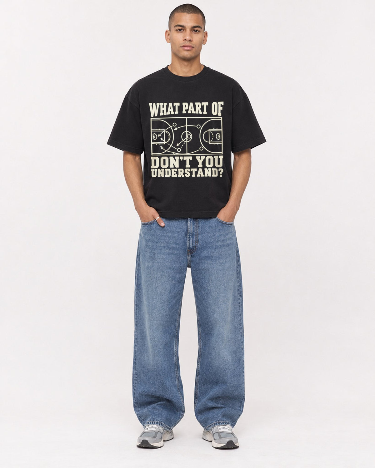 Mockup Boxy Heavyweight Tee Black male full-body 50