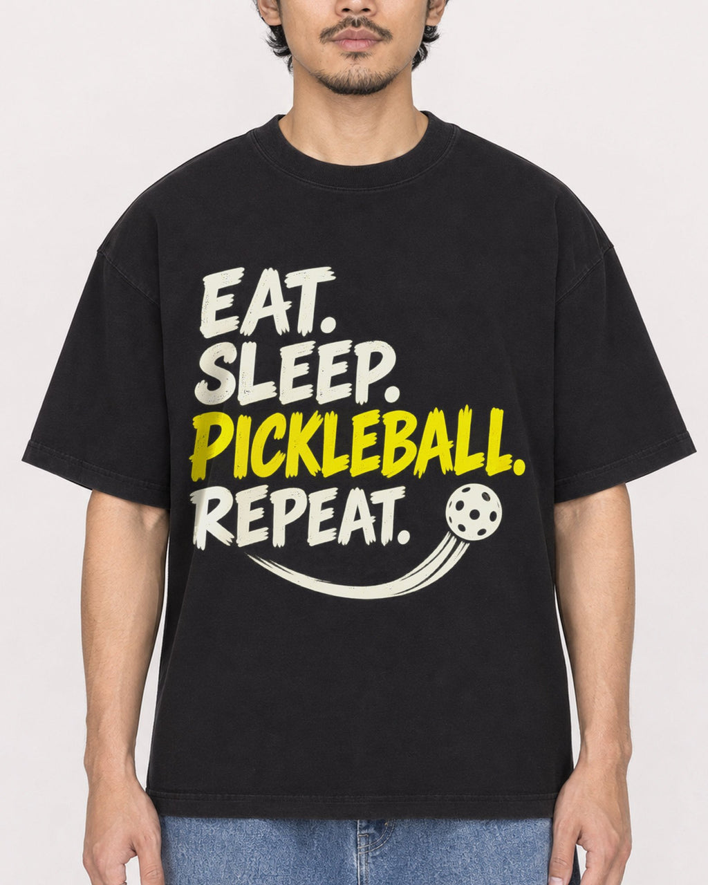 Mockup Boxy Heavyweight Tee Black male close-up 02