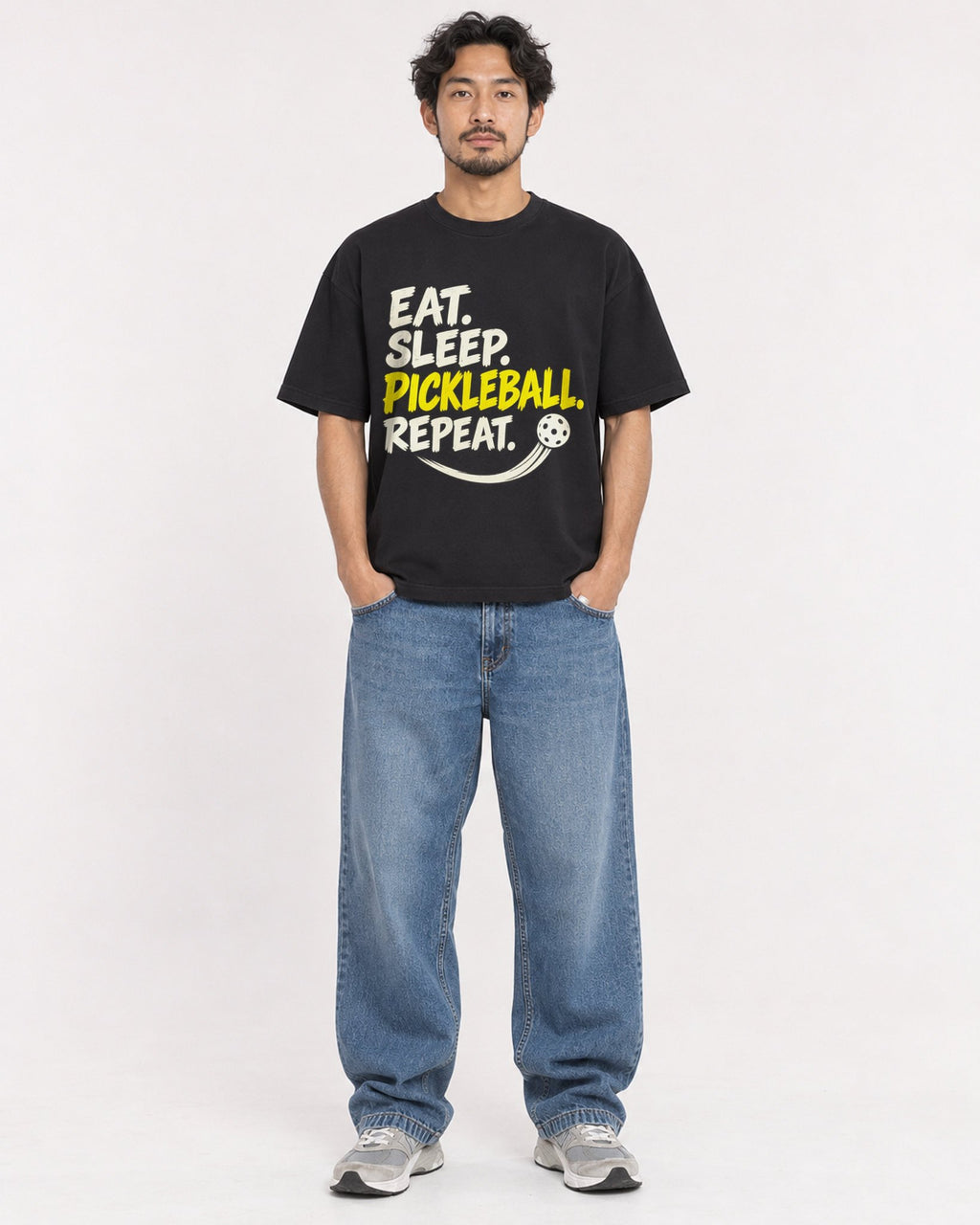 Mockup Boxy Heavyweight Tee Black male full-body 02