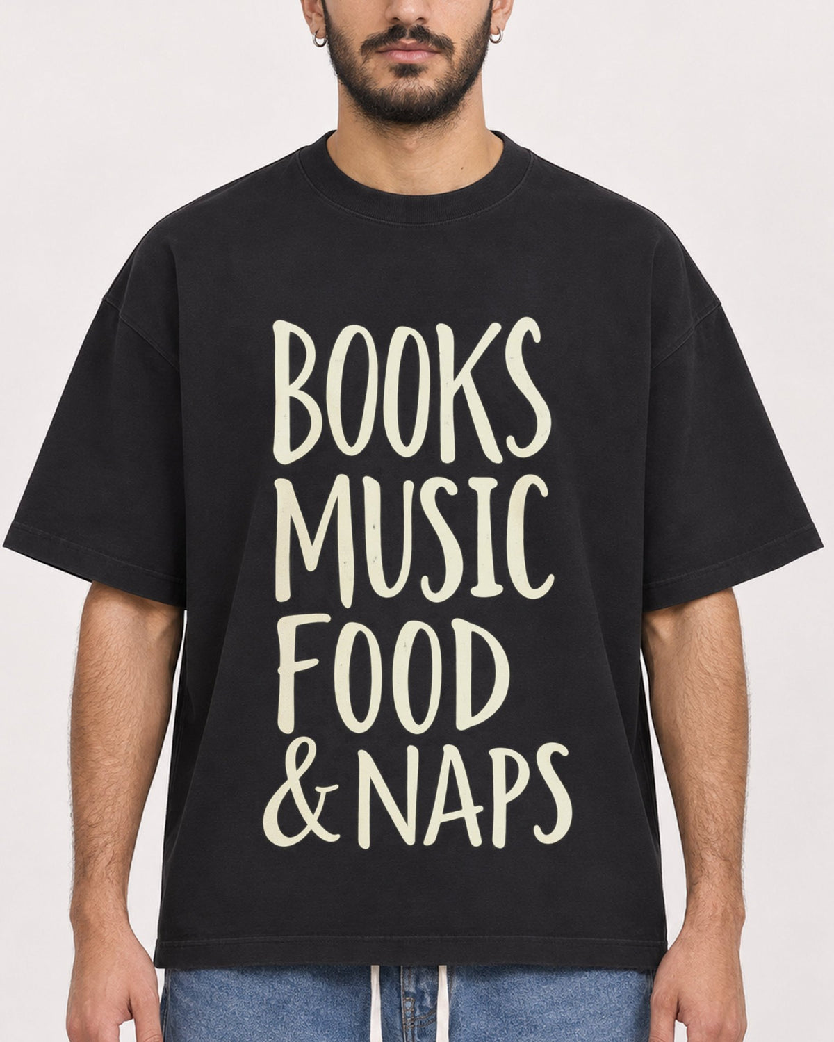Mockup Boxy Heavyweight Tee Black male close-up 07