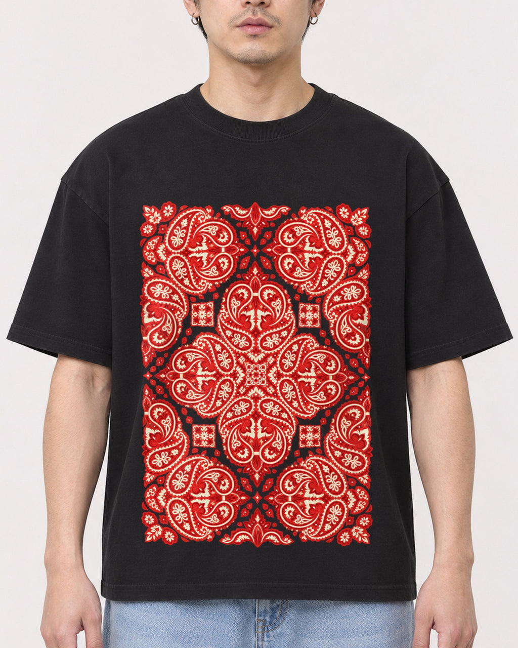 Mockup Boxy Heavyweight Tee Black male close-up 13