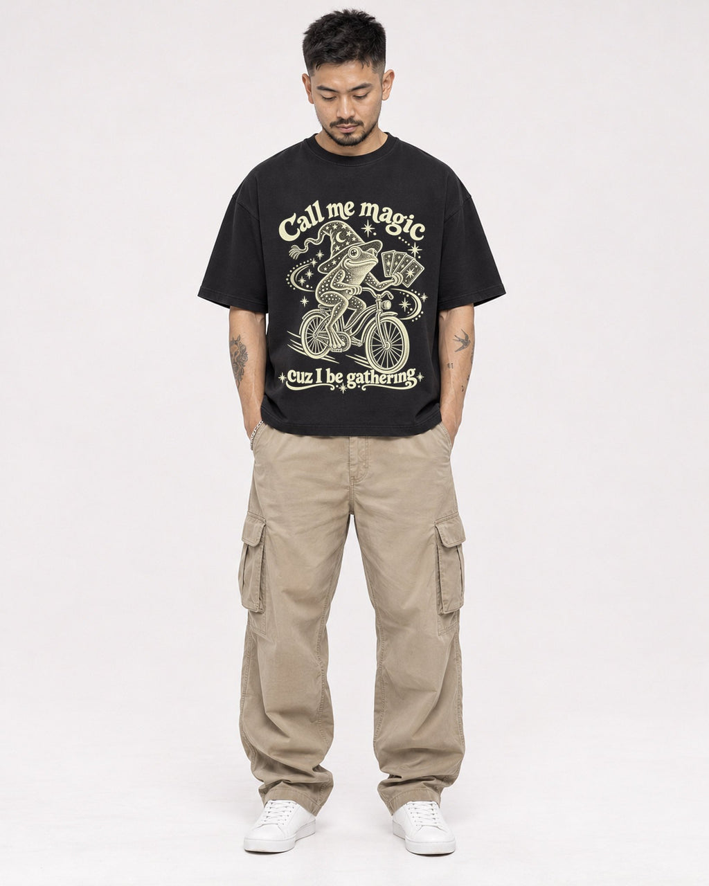Mockup Boxy Heavyweight Tee Black male full-body 12