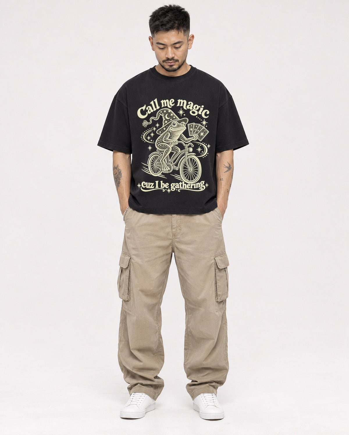 Mockup Boxy Heavyweight Tee Black male full-body 12