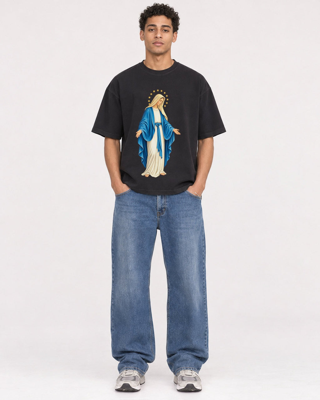 Mockup Boxy Heavyweight Tee Black male full-body 10