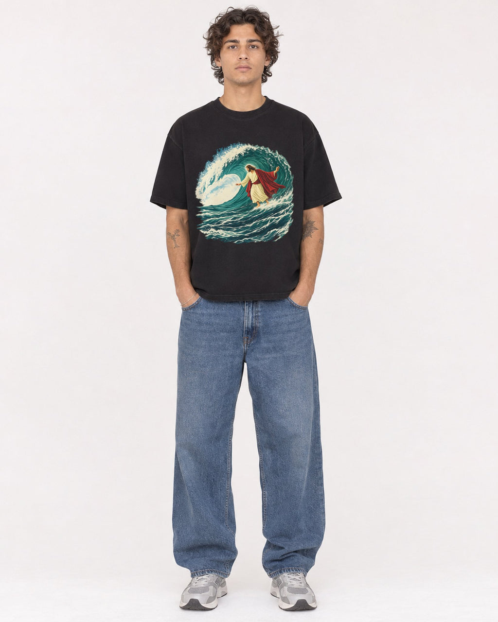 Mockup Boxy Heavyweight Tee Black male full-body 30