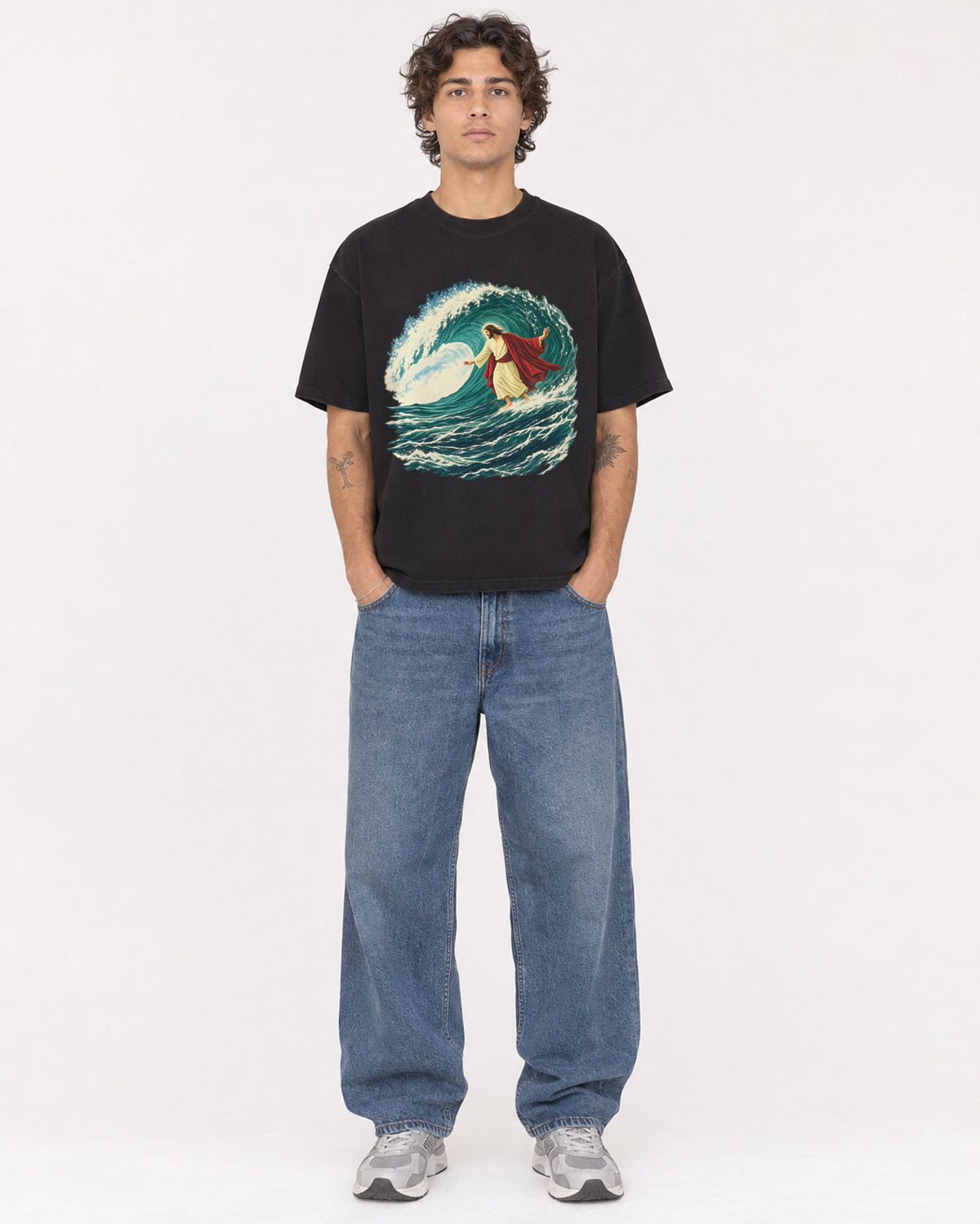 Mockup Boxy Heavyweight Tee Black male full-body 30