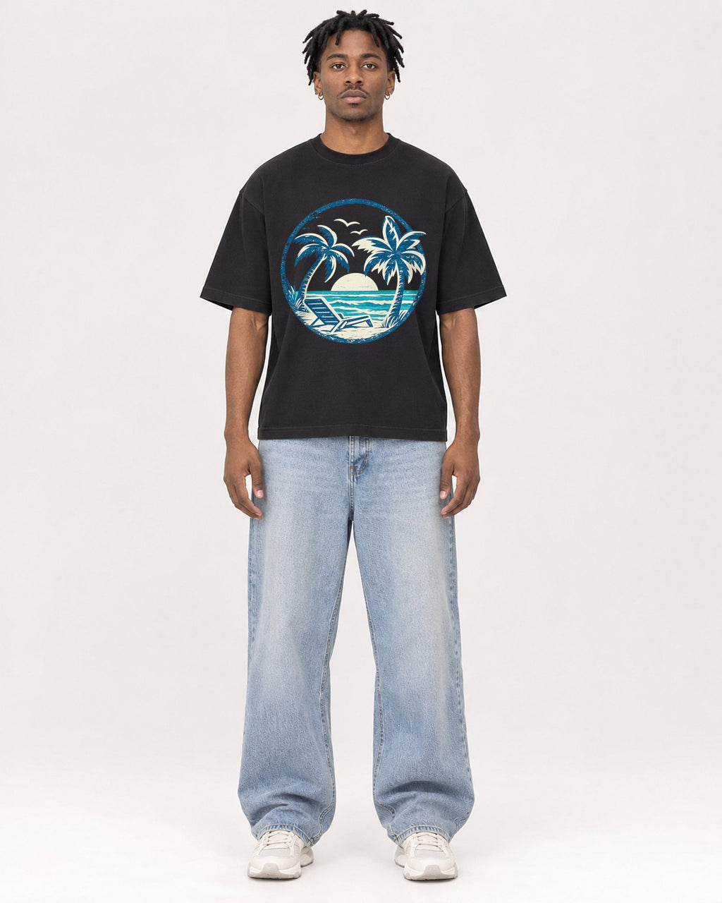 Mockup Boxy Heavyweight Tee Black male full-body 05