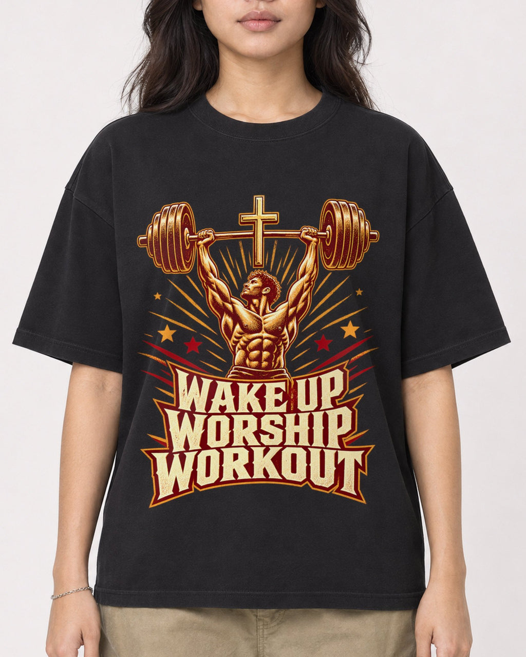 Mockup Boxy Heavyweight Tee Black female close-up 02