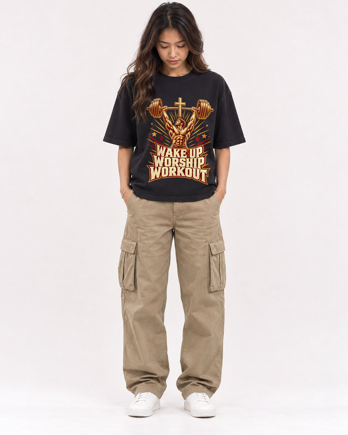 Mockup Boxy Heavyweight Tee Black female full-body 02
