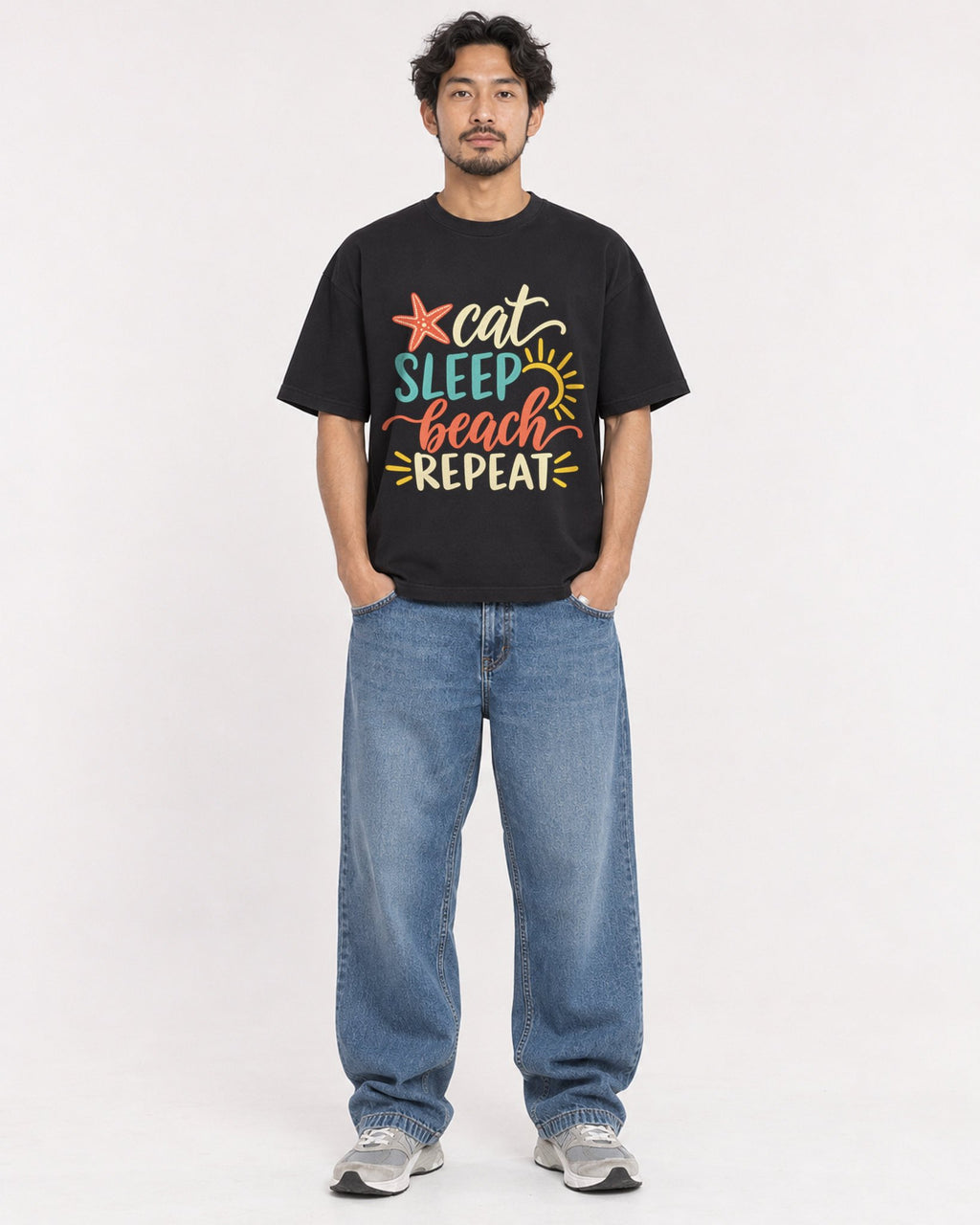 Mockup Boxy Heavyweight Tee Black male full-body 02