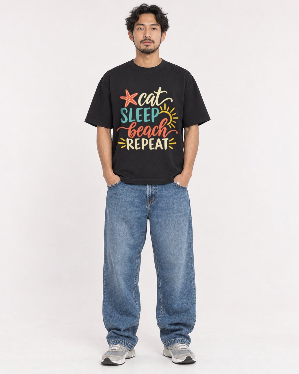 Mockup Boxy Heavyweight Tee Black male full-body 02