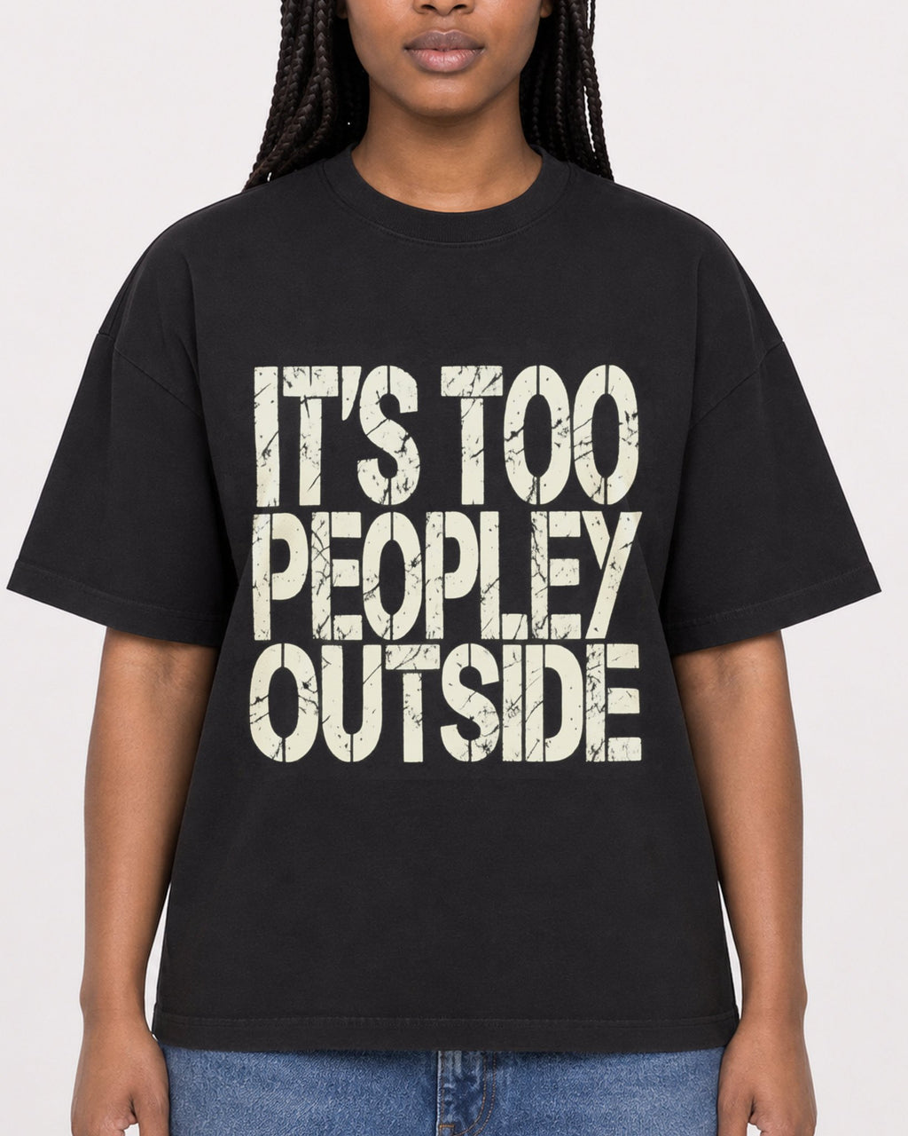 Mockup Boxy Heavyweight Tee Black female close-up 04