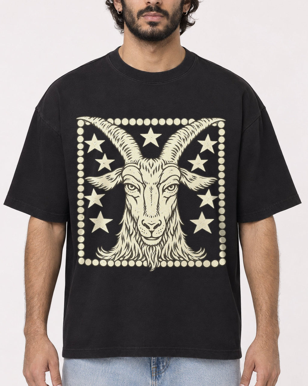 Mockup Boxy Heavyweight Tee Black male close-up 17