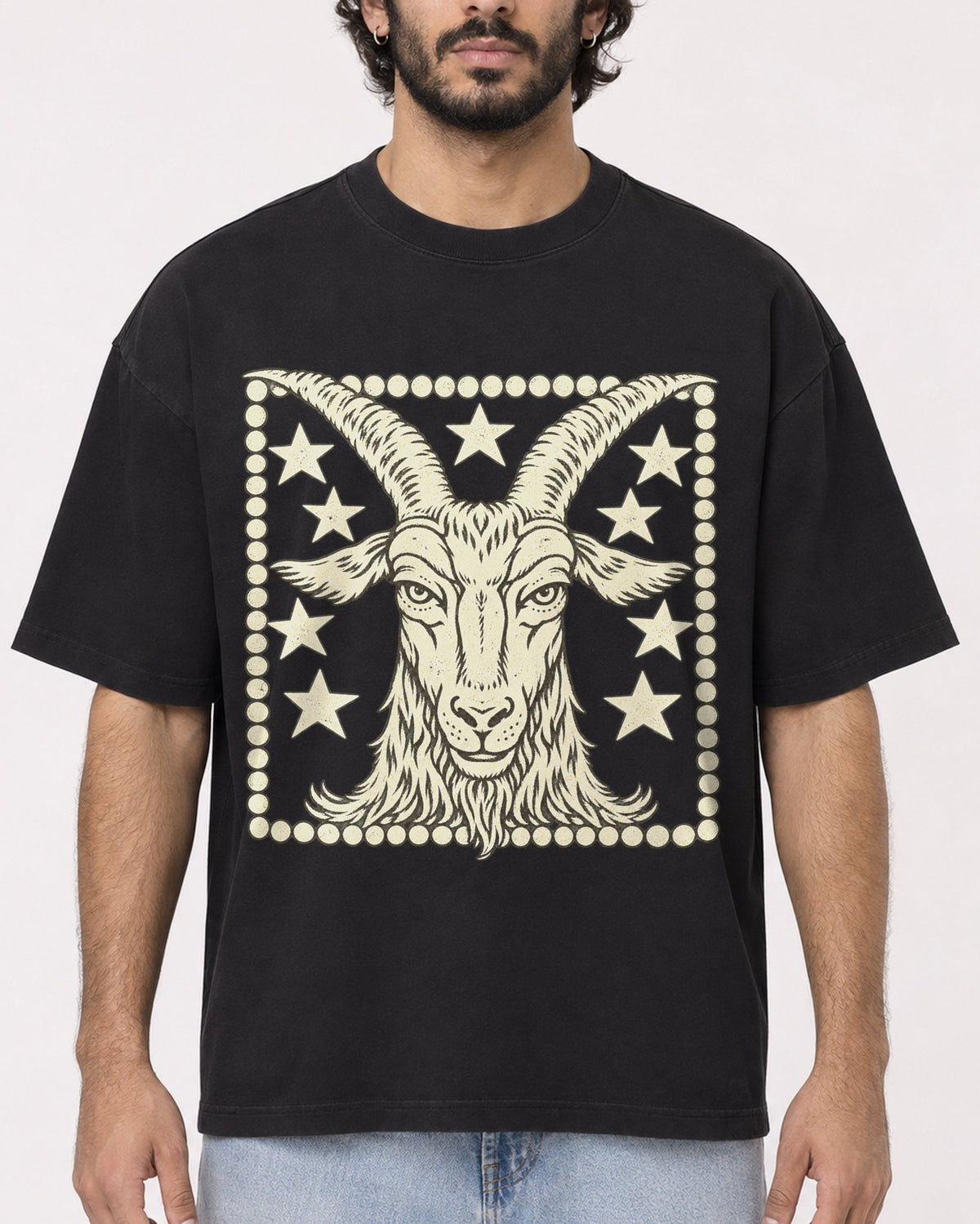 Mockup Boxy Heavyweight Tee Black male close-up 17