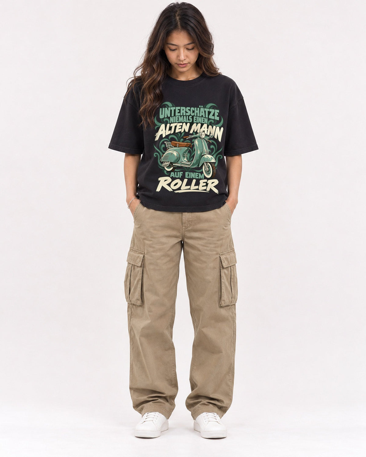 Mockup Boxy Heavyweight Tee Black female full-body 02