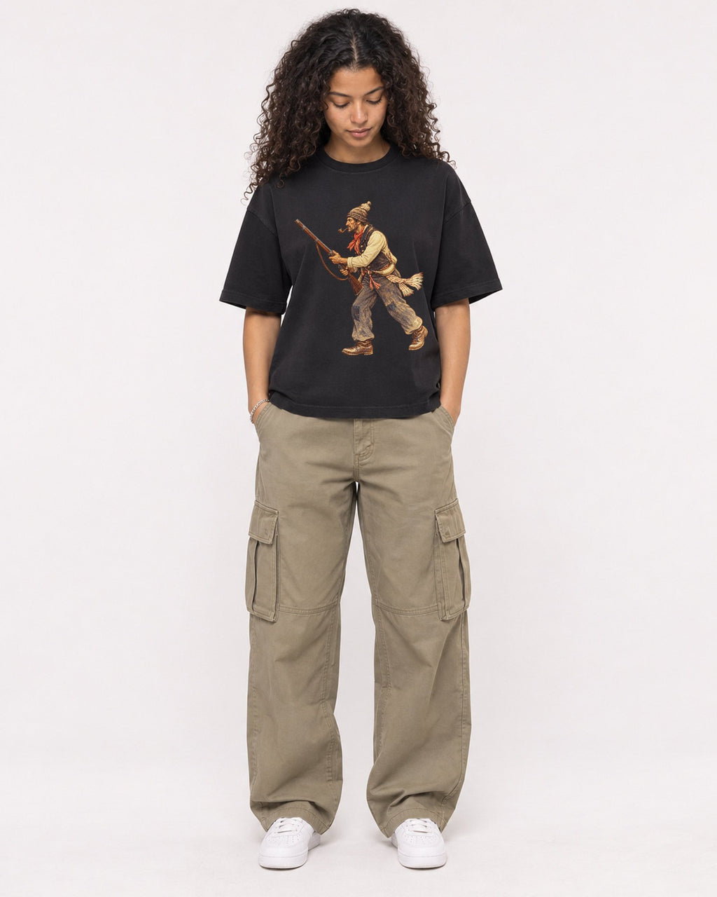 Mockup Boxy Heavyweight Tee Black female full-body 10