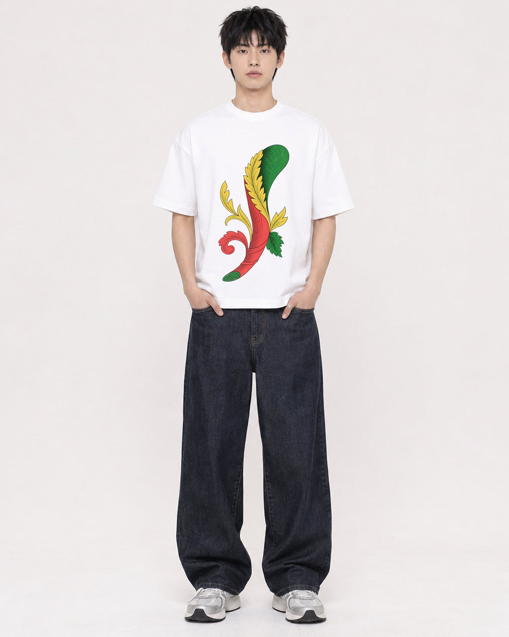 Mockup Boxy Heavyweight Tee White male full-body 01