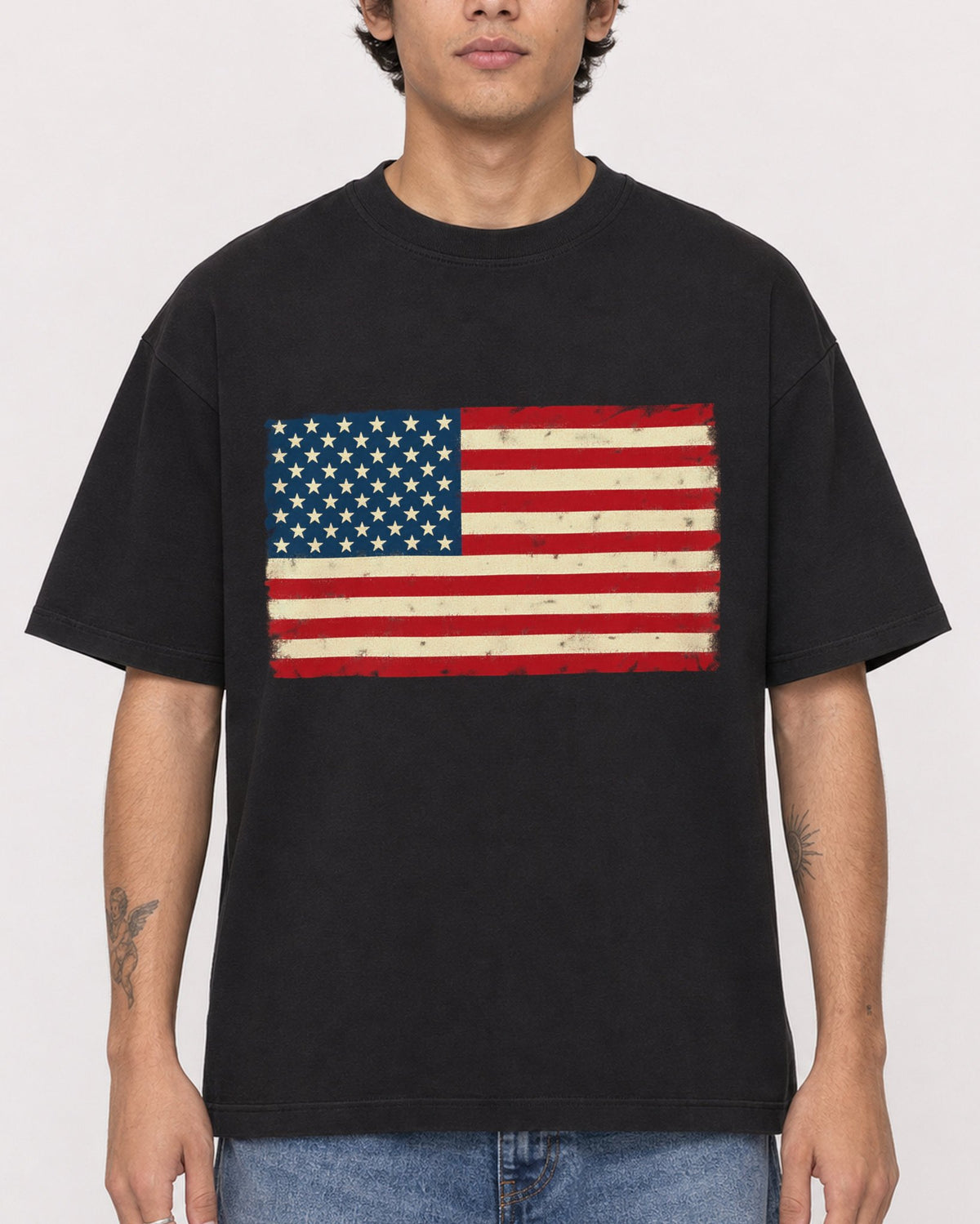 Mockup Boxy Heavyweight Tee Black male close-up 06