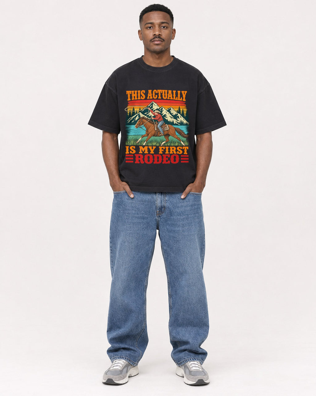 Mockup Boxy Heavyweight Tee Black male full-body 14