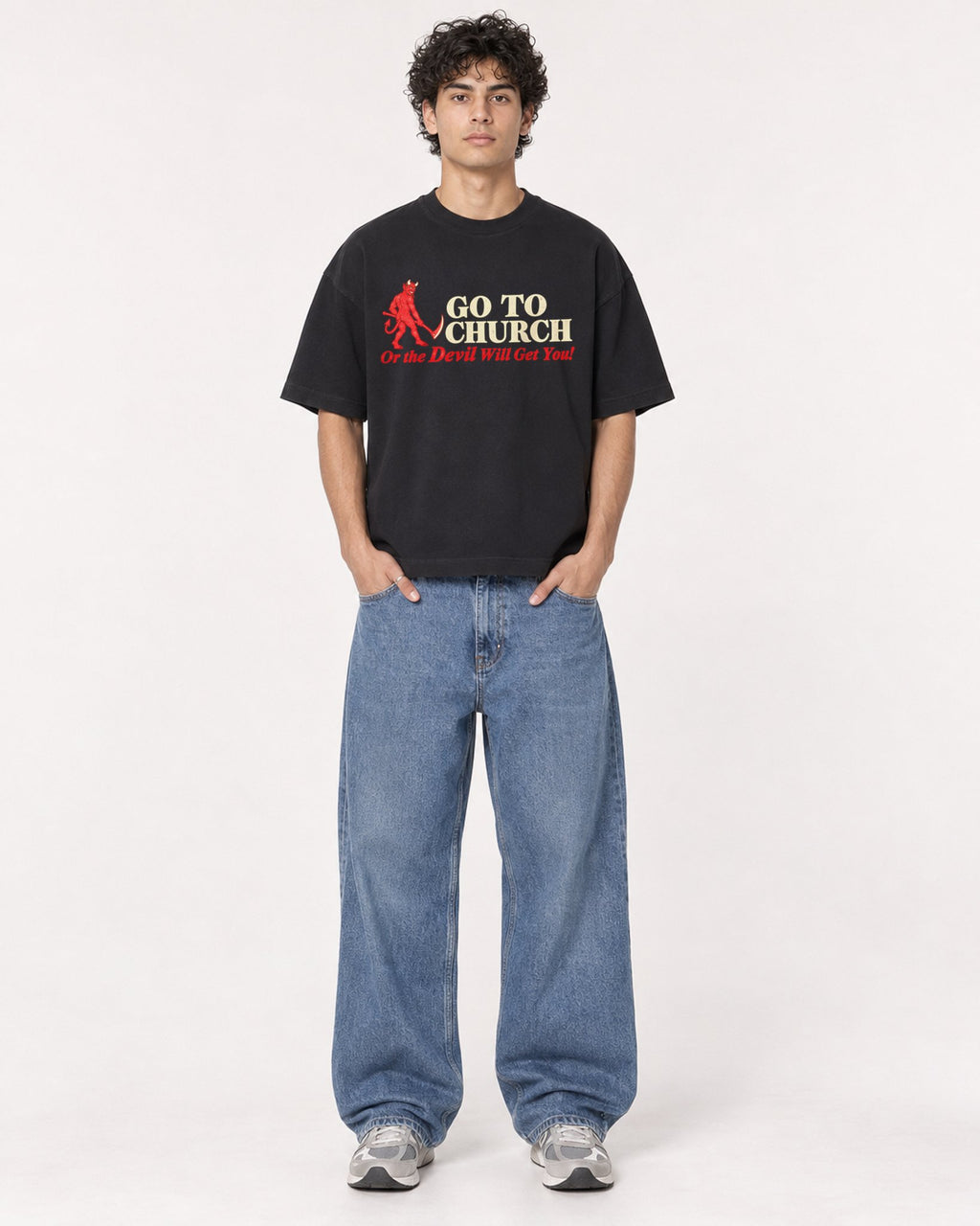 Mockup Boxy Heavyweight Tee Black male full-body 26