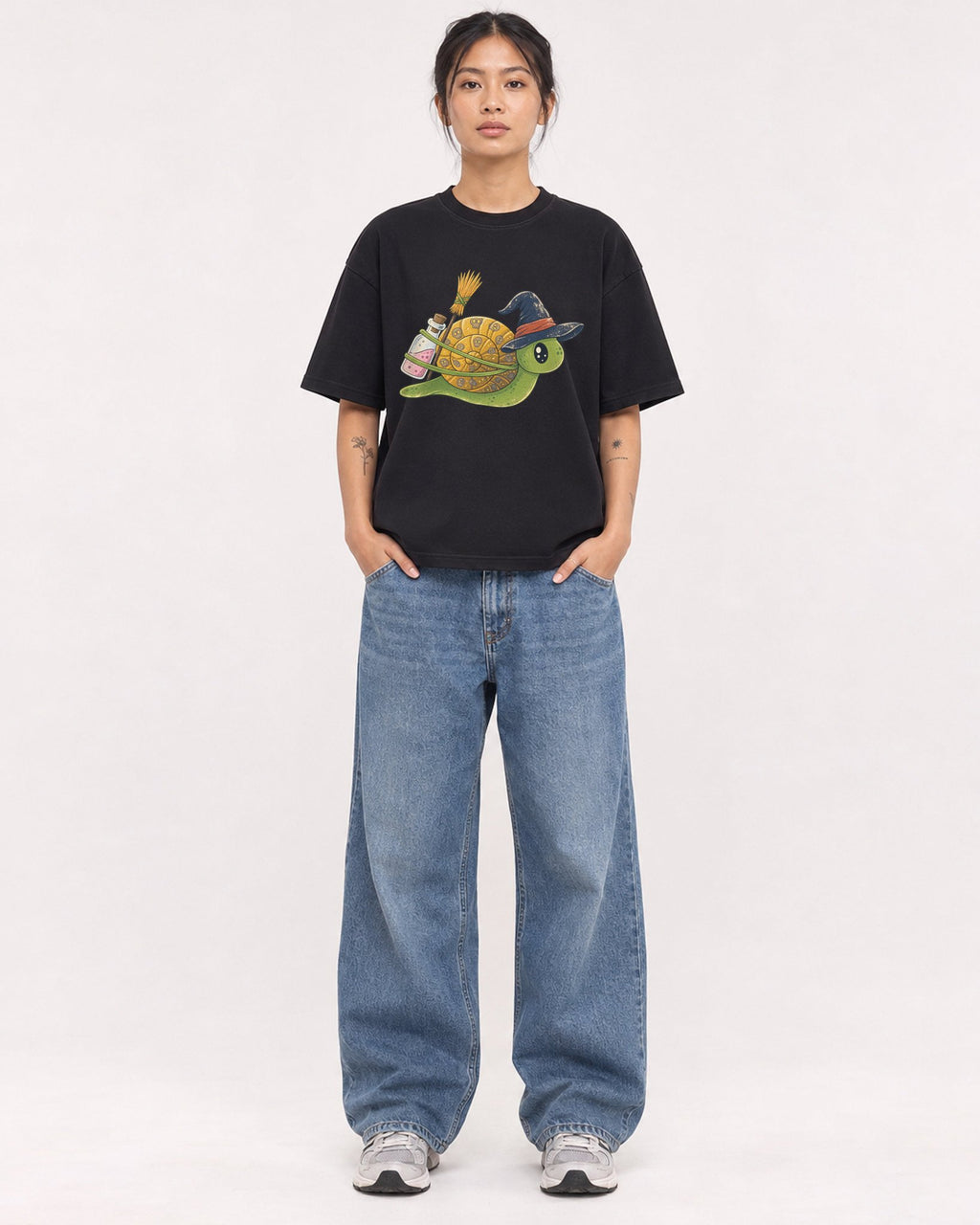 Mockup Boxy Heavyweight Tee Black female full-body 12