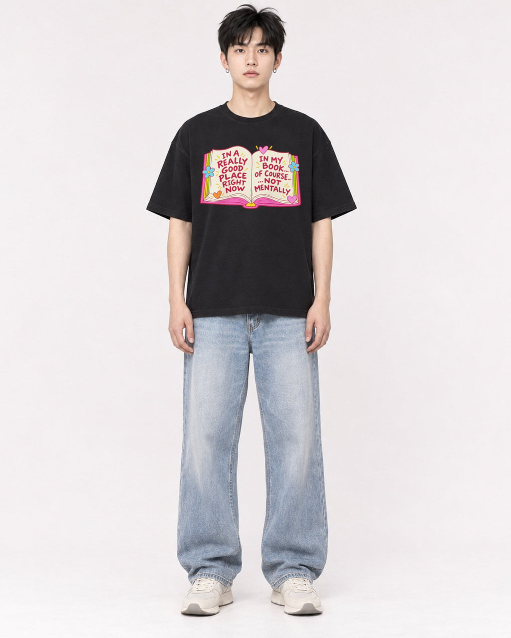 Mockup Boxy Heavyweight Tee Black male full-body 01