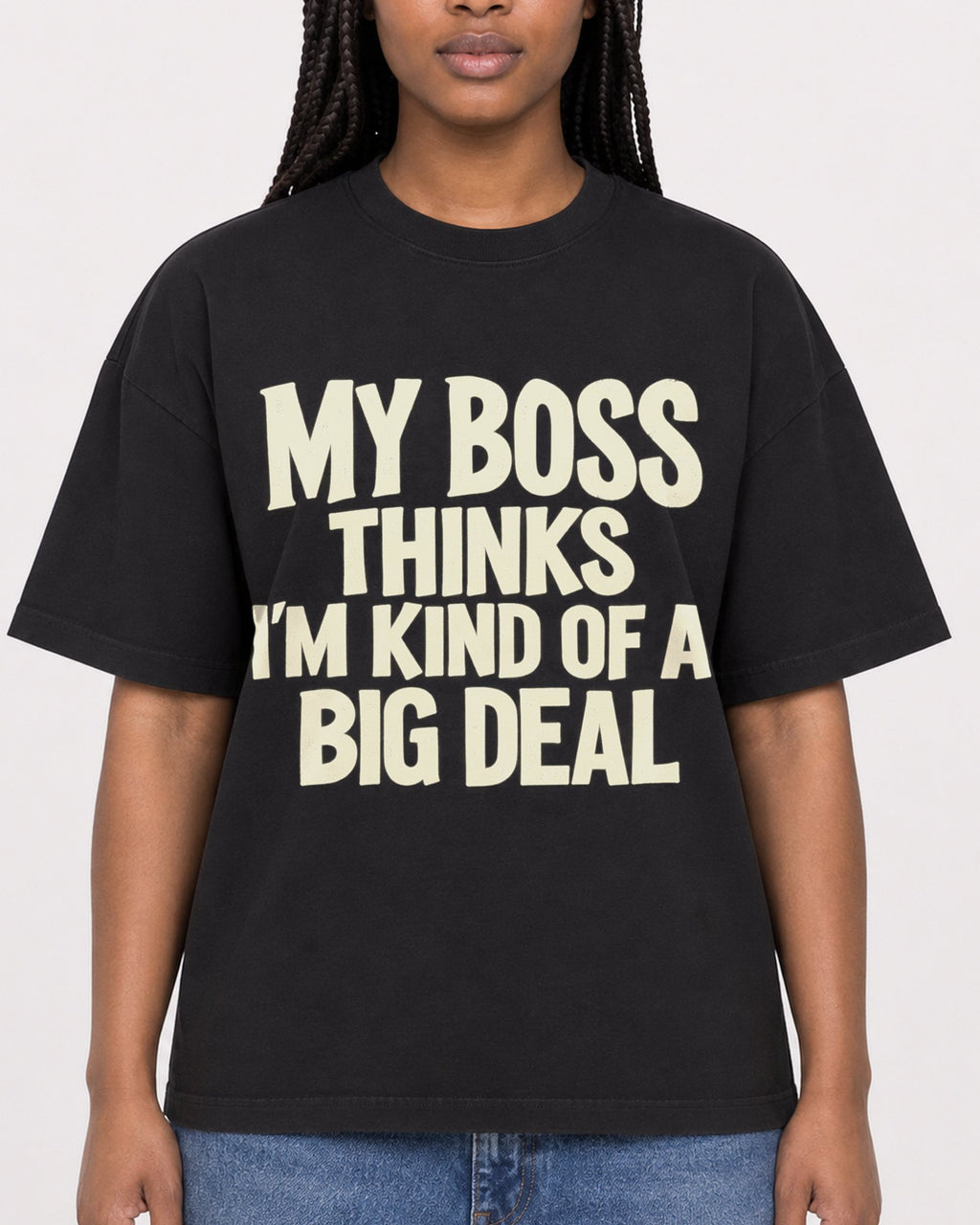 Mockup Boxy Heavyweight Tee Black female close-up 04